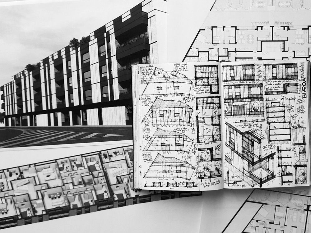 Fotografía de planos, infografías y bocetos del edificio
