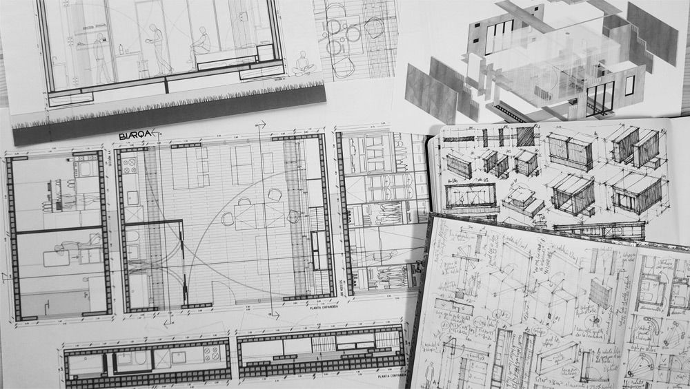 Fotografía de planos, infografías y bocetos del cabanon