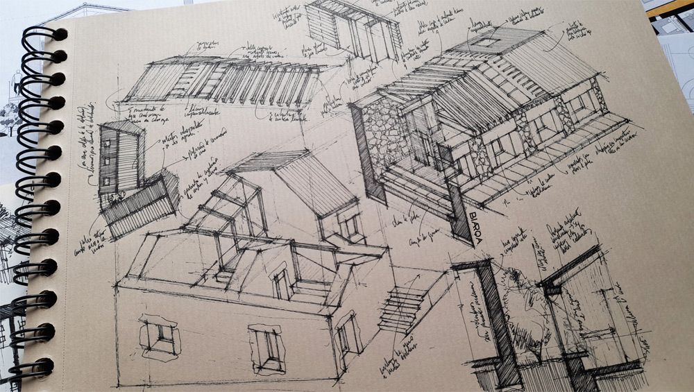 Bocetos de la edificación de nueva planta destinada a residencia de estudiantes
