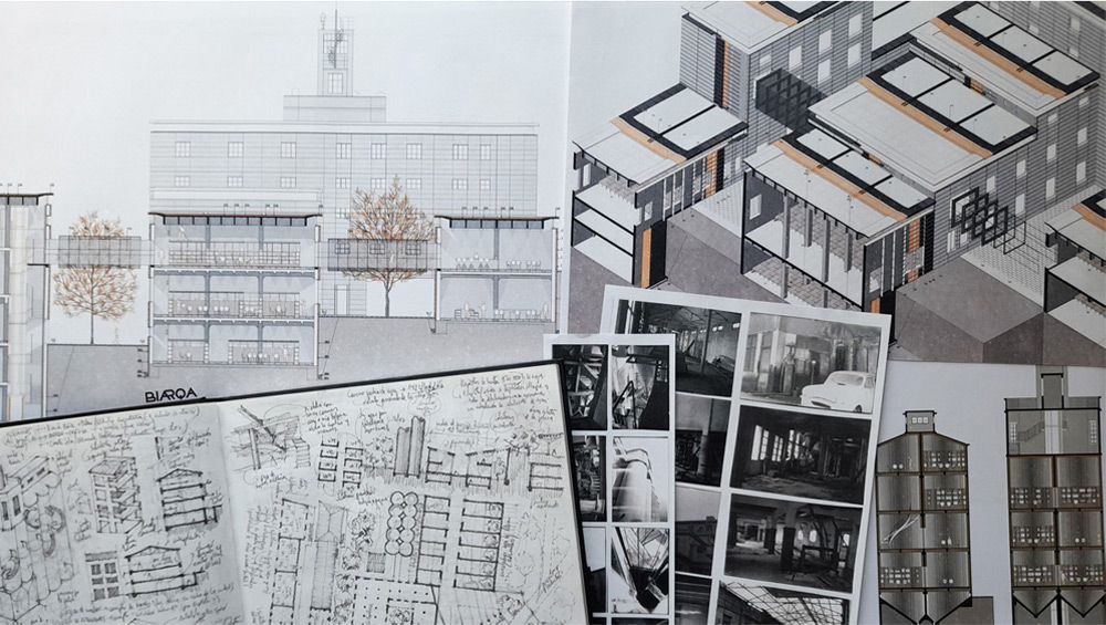 Fotografía de planos, infografías y bocetos del edificio