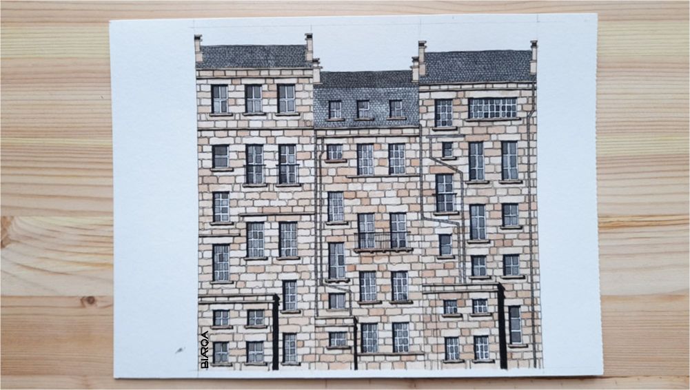 Dibujo de fachadas de edificaciones de piedra
